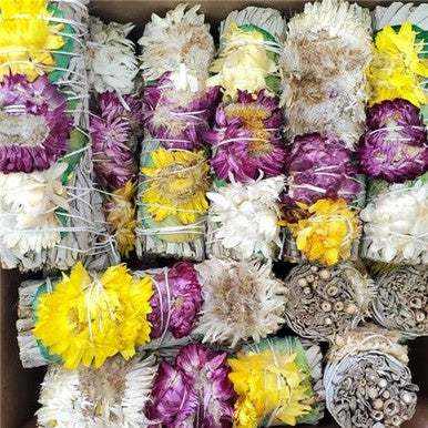 4” White Sage w/ Green Rose Petals & 3 Flowers - Sacred Crystals Smudge Sticks