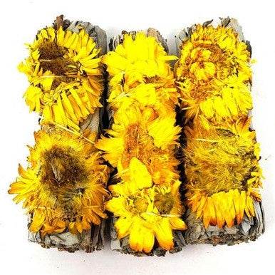 4” White Sage w/ Yellow Paper Flower - Sacred Crystals Smudge Sticks