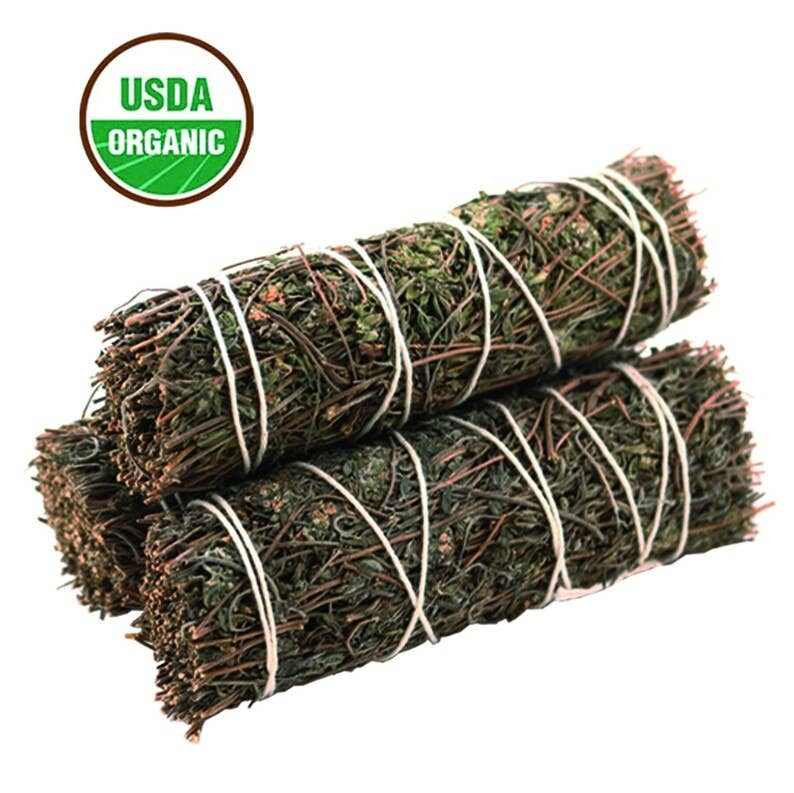 Organic 4-inch Thyme Sage Smudge Sticks bundled and tied with white string for cleansing and balancing.