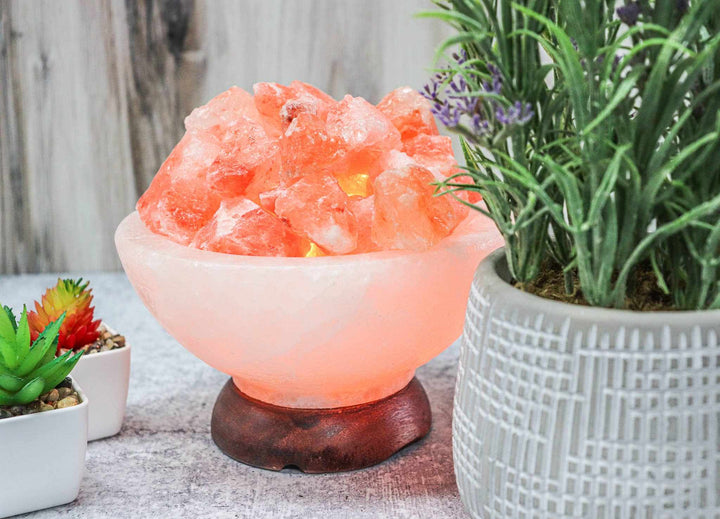 7-inch Himalayan Salt Fire On Ice Abundance Bowl glowing with red salt chunks on wooden base next to green plants