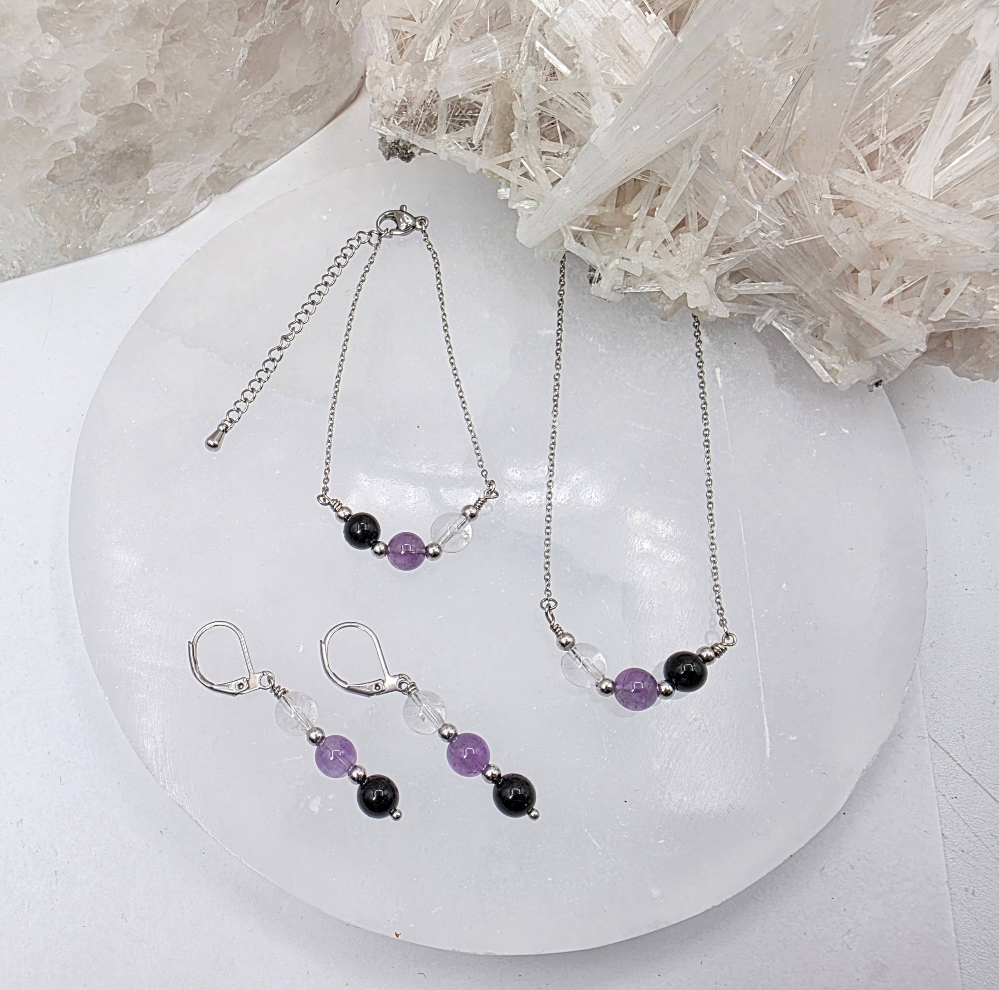 SACRED SPACE -Clear Quartz, Amethyst, Black Onyx Jewelry Set