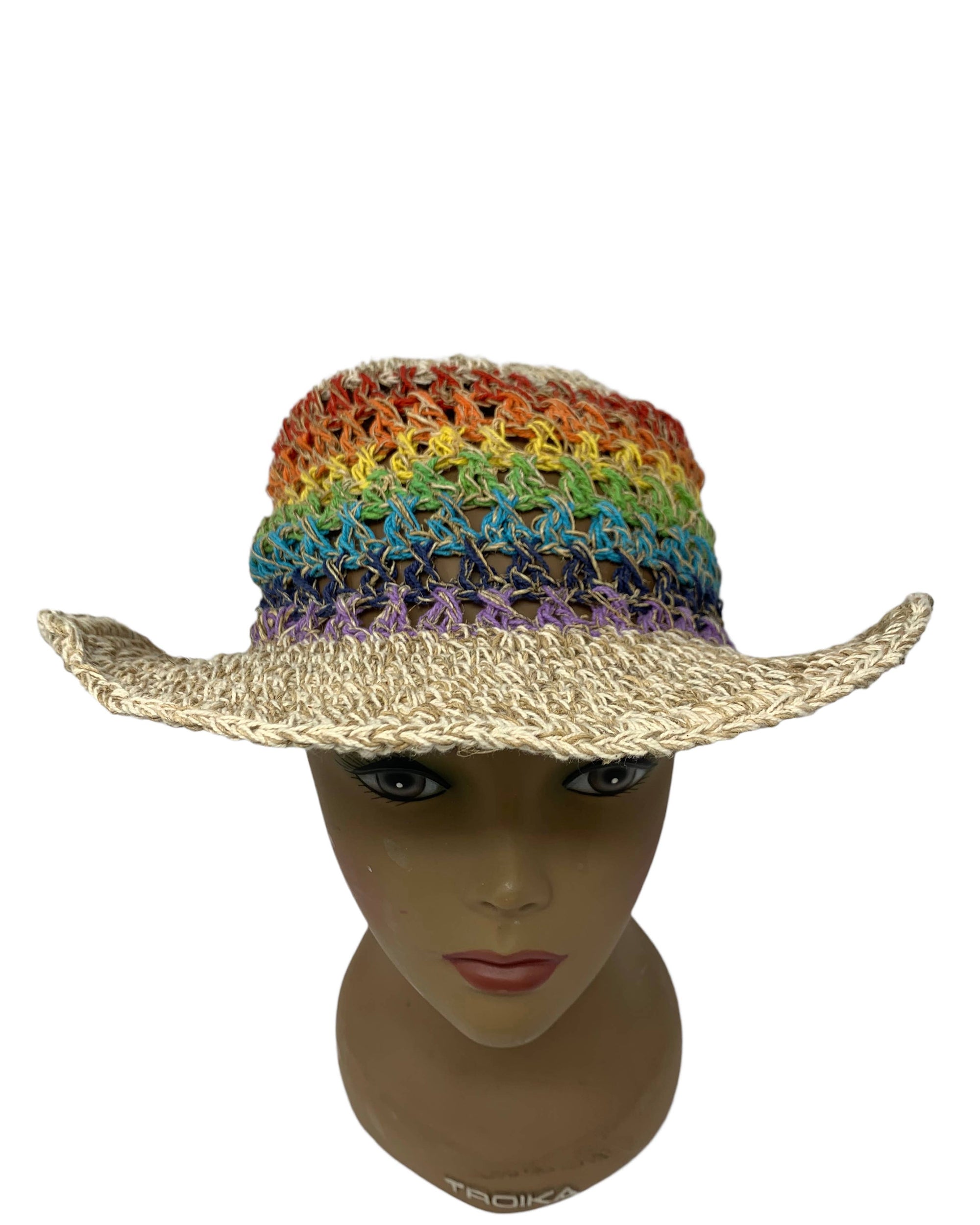 Hemp Rainbow Sun Hat with colorful woven design.