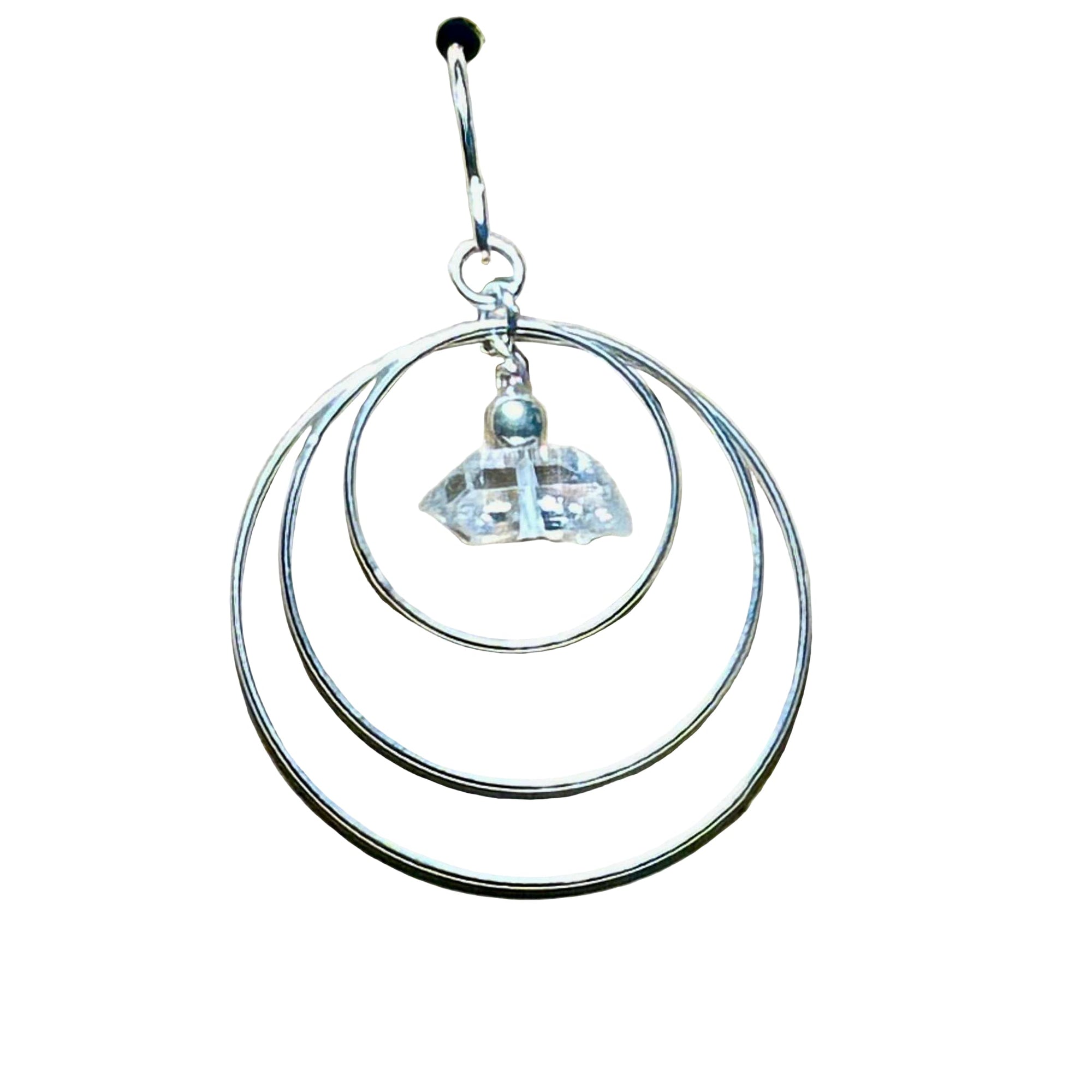 Sterling silver Herkimer Hoop Mobile Bertoni earrings with concentric hoops and Herkimer diamond crystal centerpiece