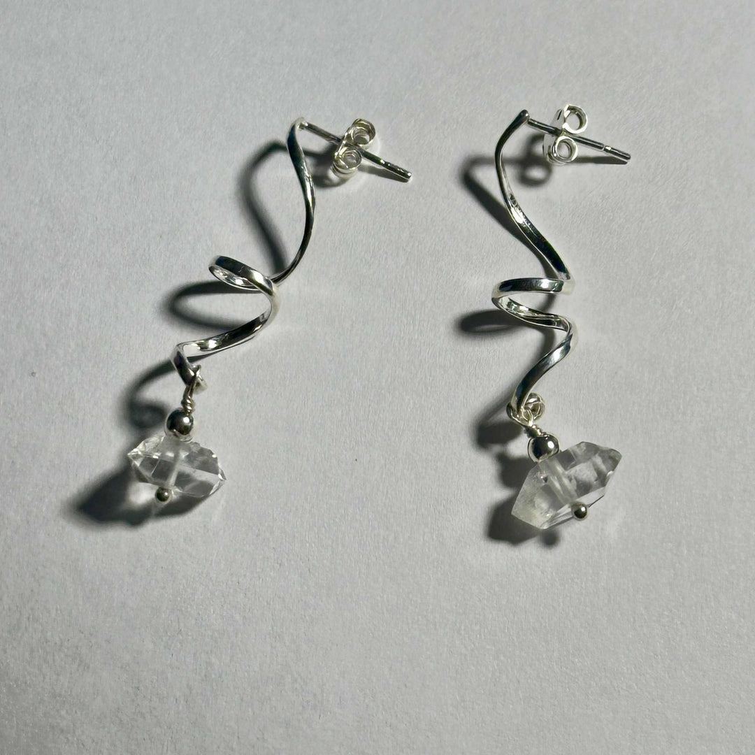 Herkimer Spiral Dangle earrings with sterling silver spiral design and clear Herkimer diamond stones