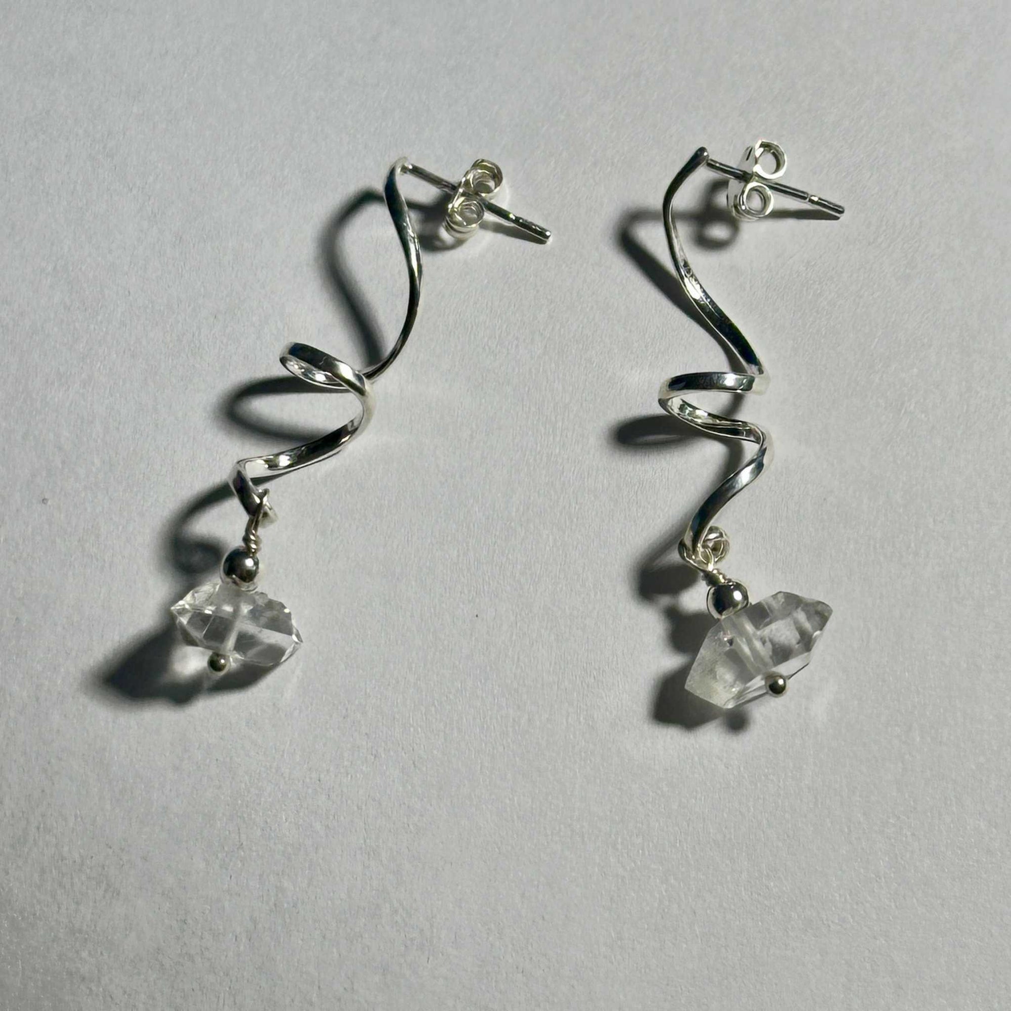 Herkimer Spiral Dangle earrings with sterling silver spiral design and clear Herkimer diamond stones