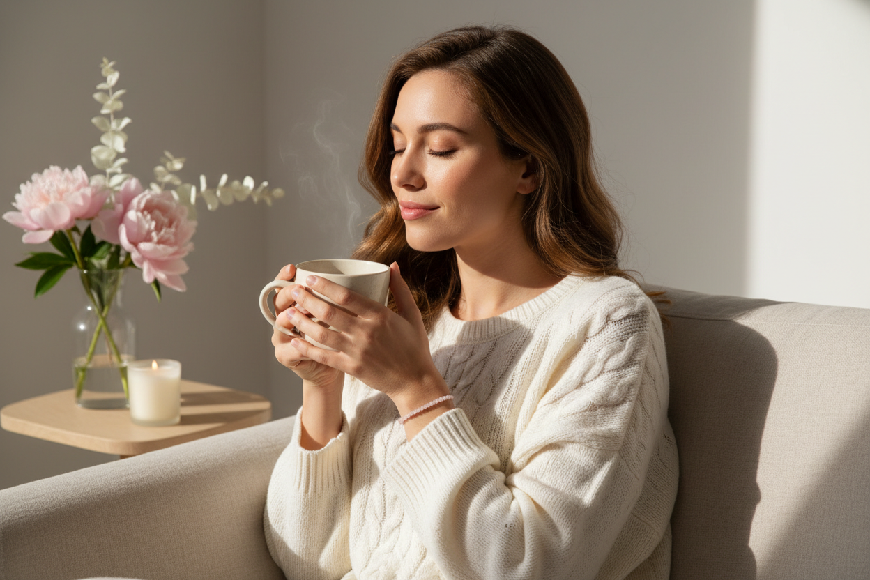 Woman in cozy self-care moment wearing delicate Rose Quartz 4mm bracelet