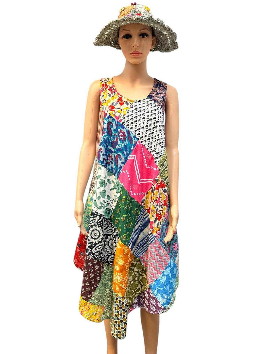 Colorful Cotton Multi Patch Sun Dress with vibrant Nepalese patchwork design on mannequin wearing straw hat