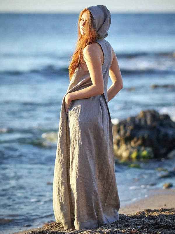 Original Simple Loose Gray Hooded Maxi Dress