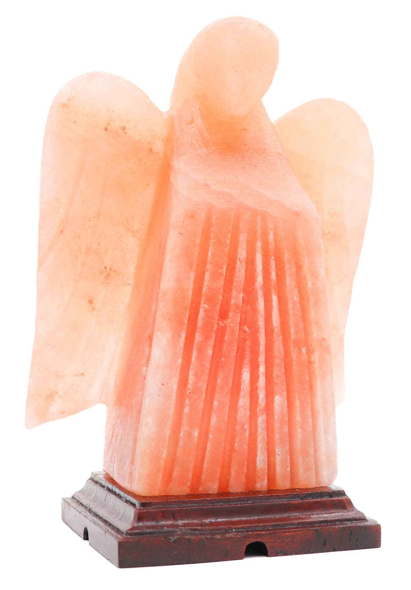 Angel-shaped Himalayan salt lamp with warm pink glow on wooden base, 7-8 lb, 10-inch tall decorative Himalayan Salt Lamp.