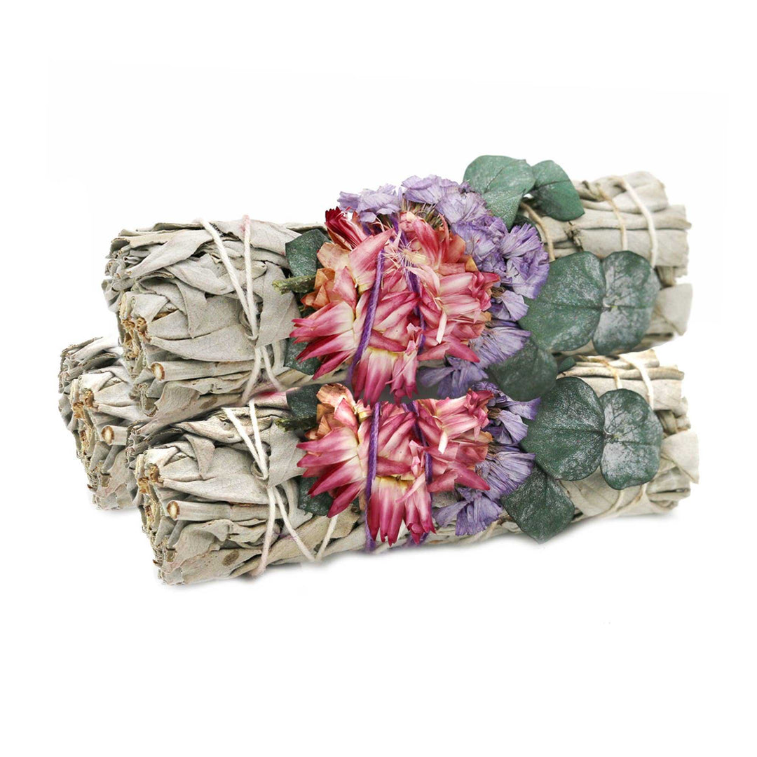 'Fairy Dreams' Floral White Sage Smudge Stick with Flowers and Eucalyptus