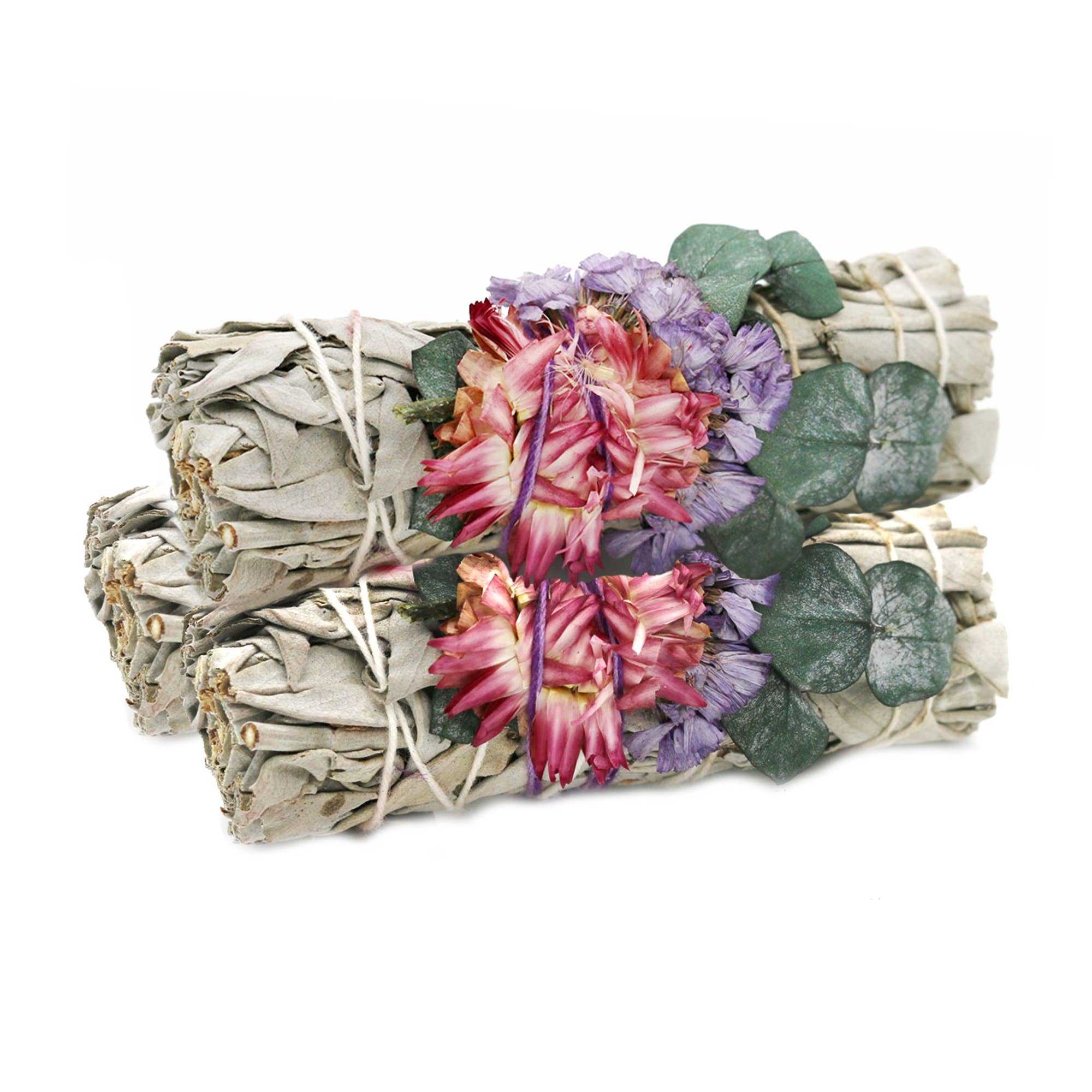 'Fairy Dreams' Floral White Sage Smudge Stick with Flowers and Eucalyptus