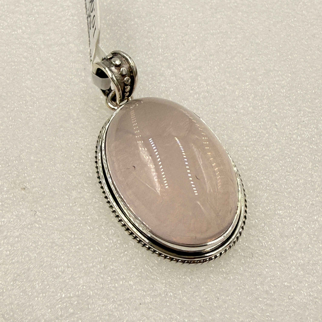 Sterling Silver Rose Quartz Oval Pendant with Beaded Bezel
