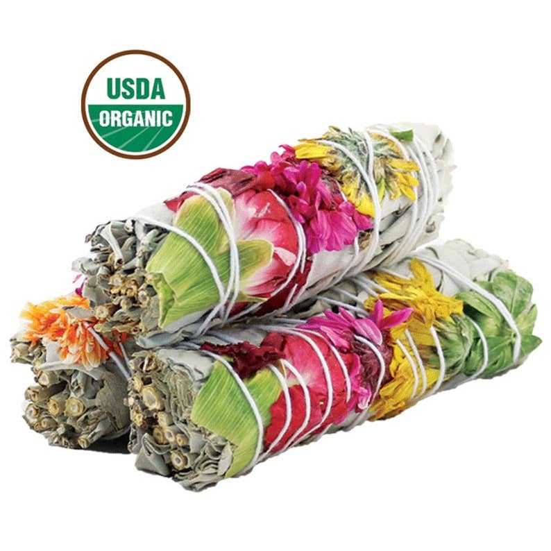 Organic 4-inch 'Joy' floral white sage smudge sticks wrapped with colorful flowers for cleansing and spiritual balance, USDA certified.