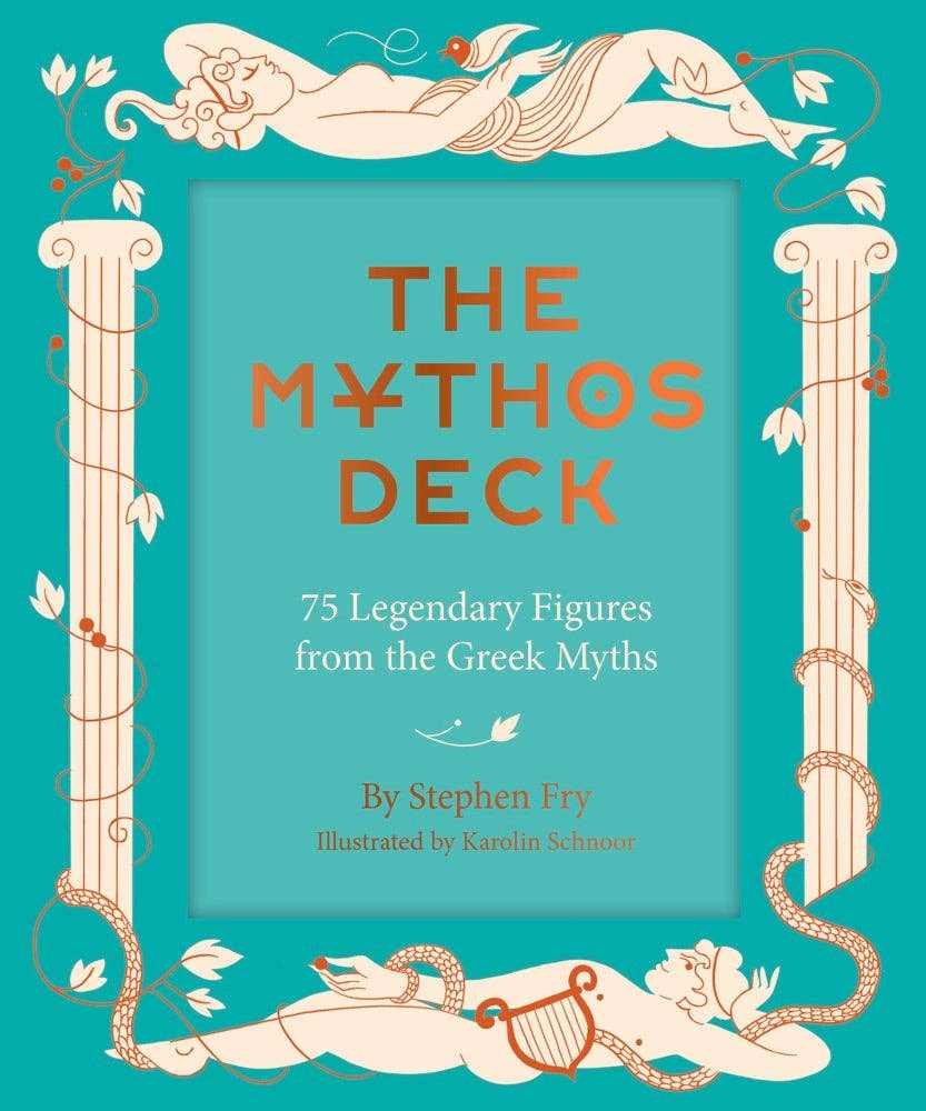 The Mythos Deck by Stephen Fry featuring 75 legendary Greek mythological figures with illustrated portraits and descriptions