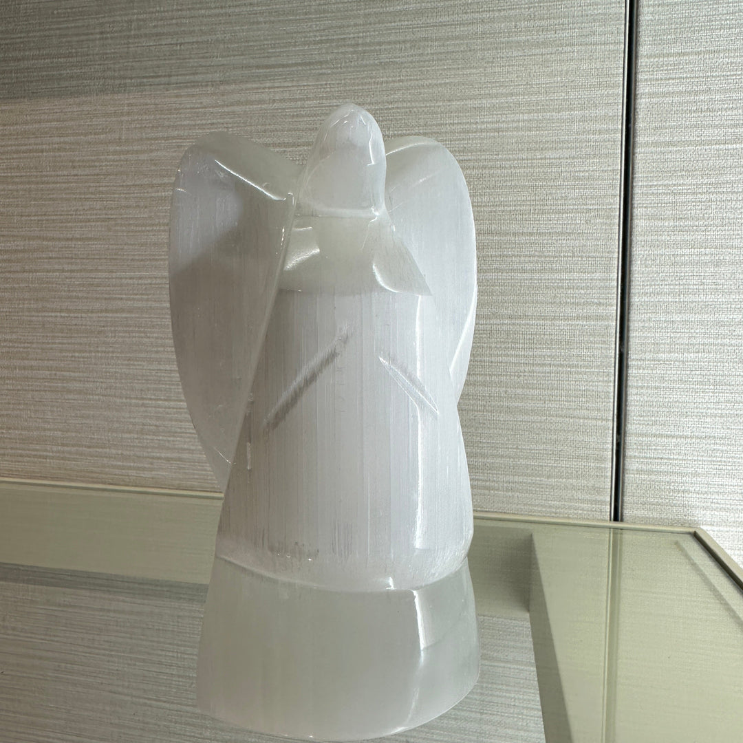 Selenite Angel Lamp on display.