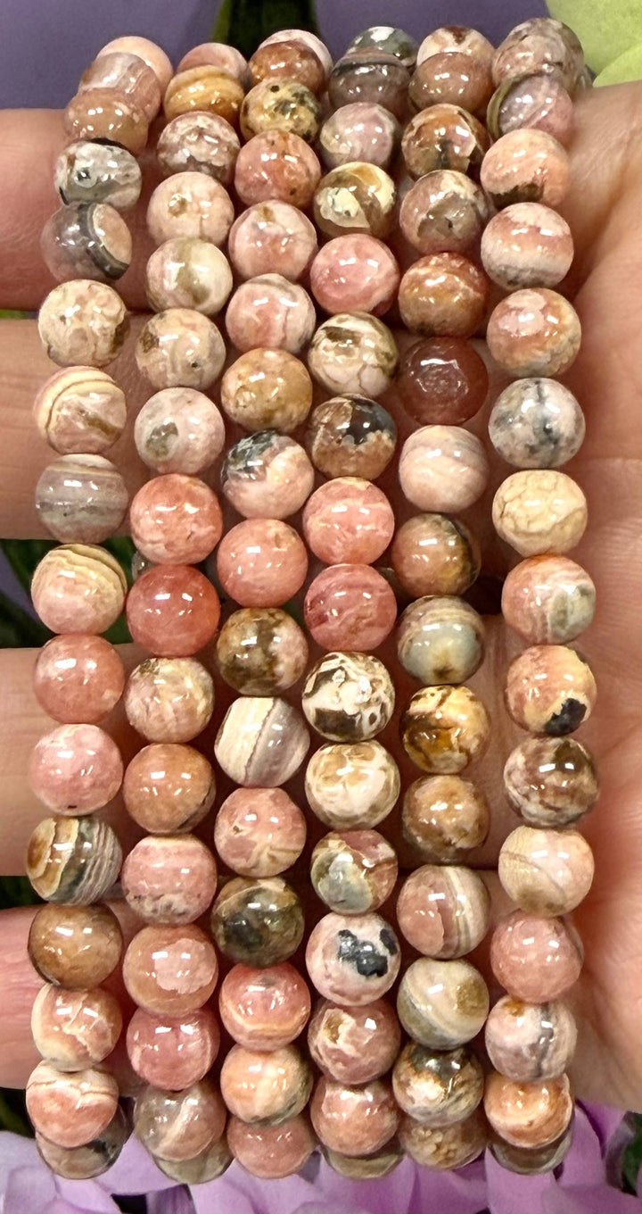 Rhodochrosite A Round Bead Bracelet 6mm - Compassionate Love