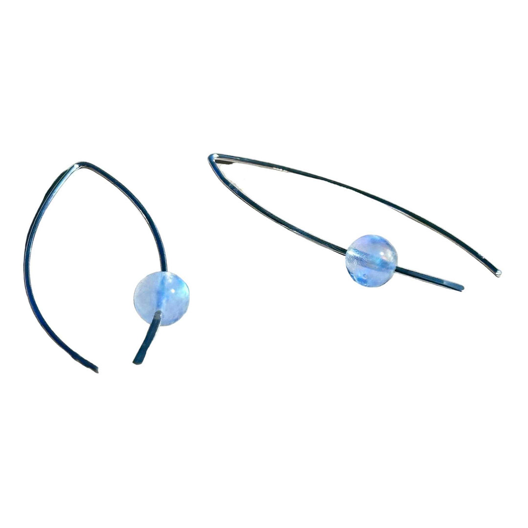 Sterling Silver earrings with round rainbow moonstone stone bead on a background, the rainbow moonstone is flashy!