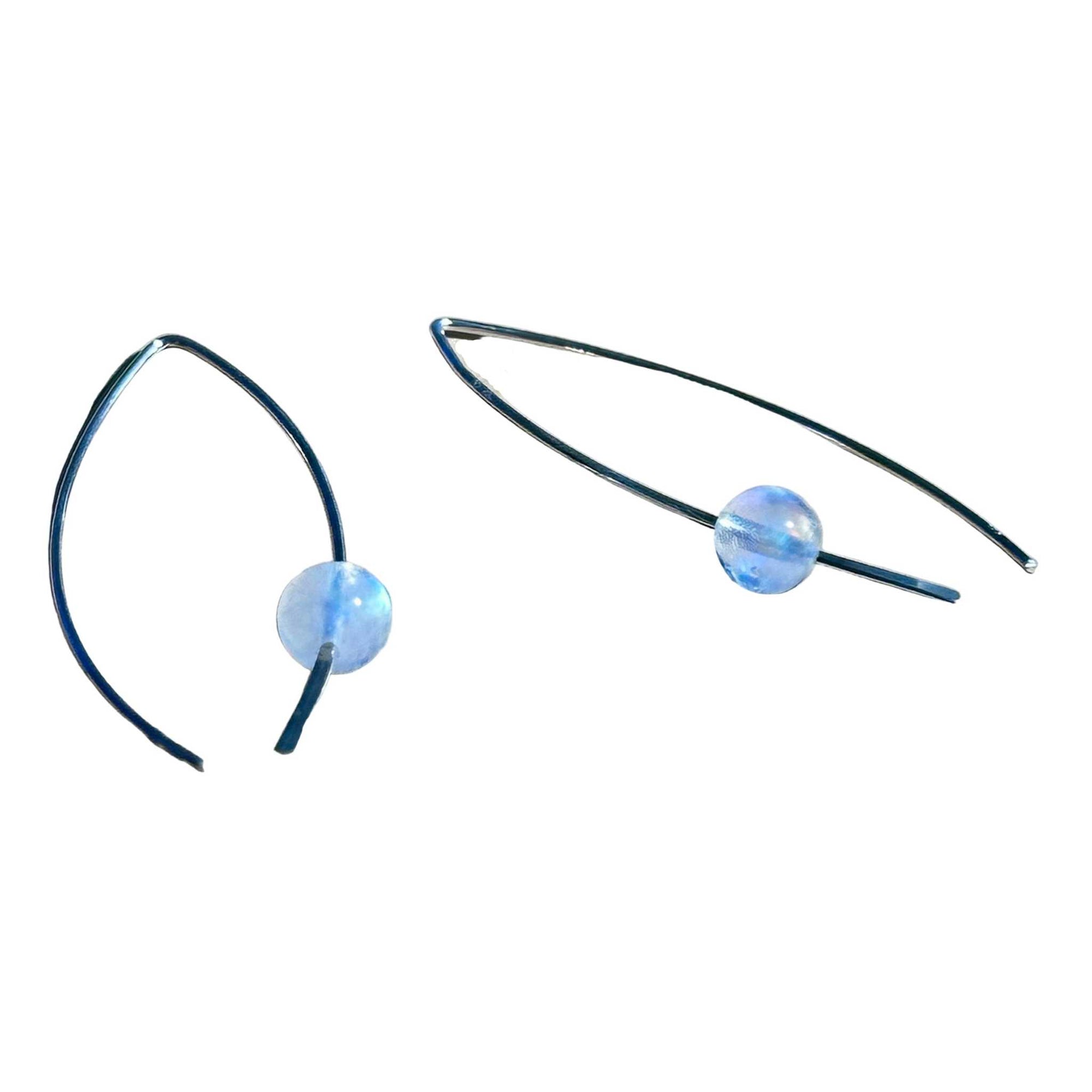 Sterling Silver earrings with round rainbow moonstone stone bead on a background, the rainbow moonstone is flashy!