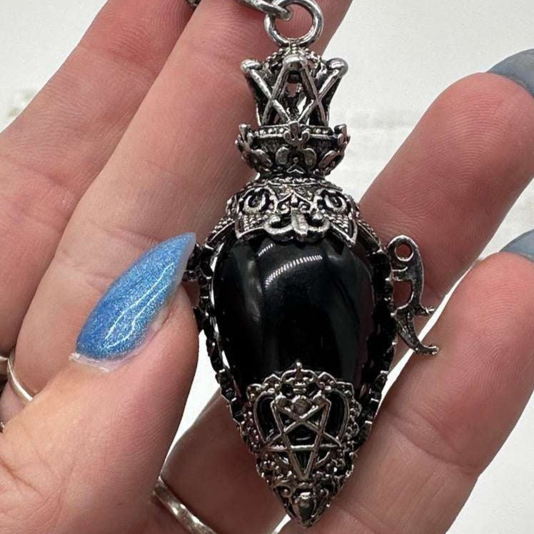 Ornate Obsidian Pendulum with Silver Filigree and Crown