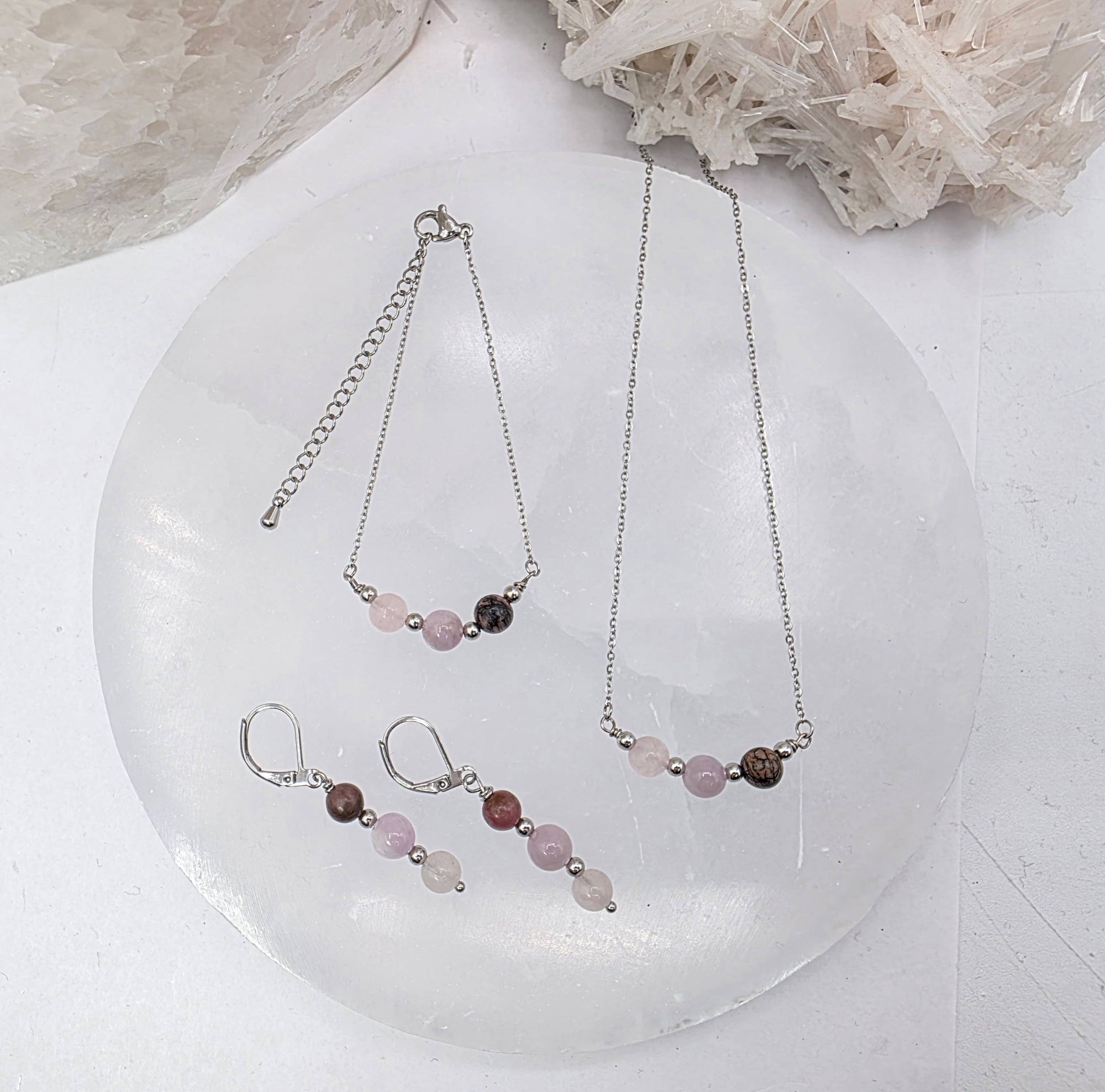 I AM ENOUGH -Kunzite, Rose Quartz, Rhodonite Gem Jewelry Set