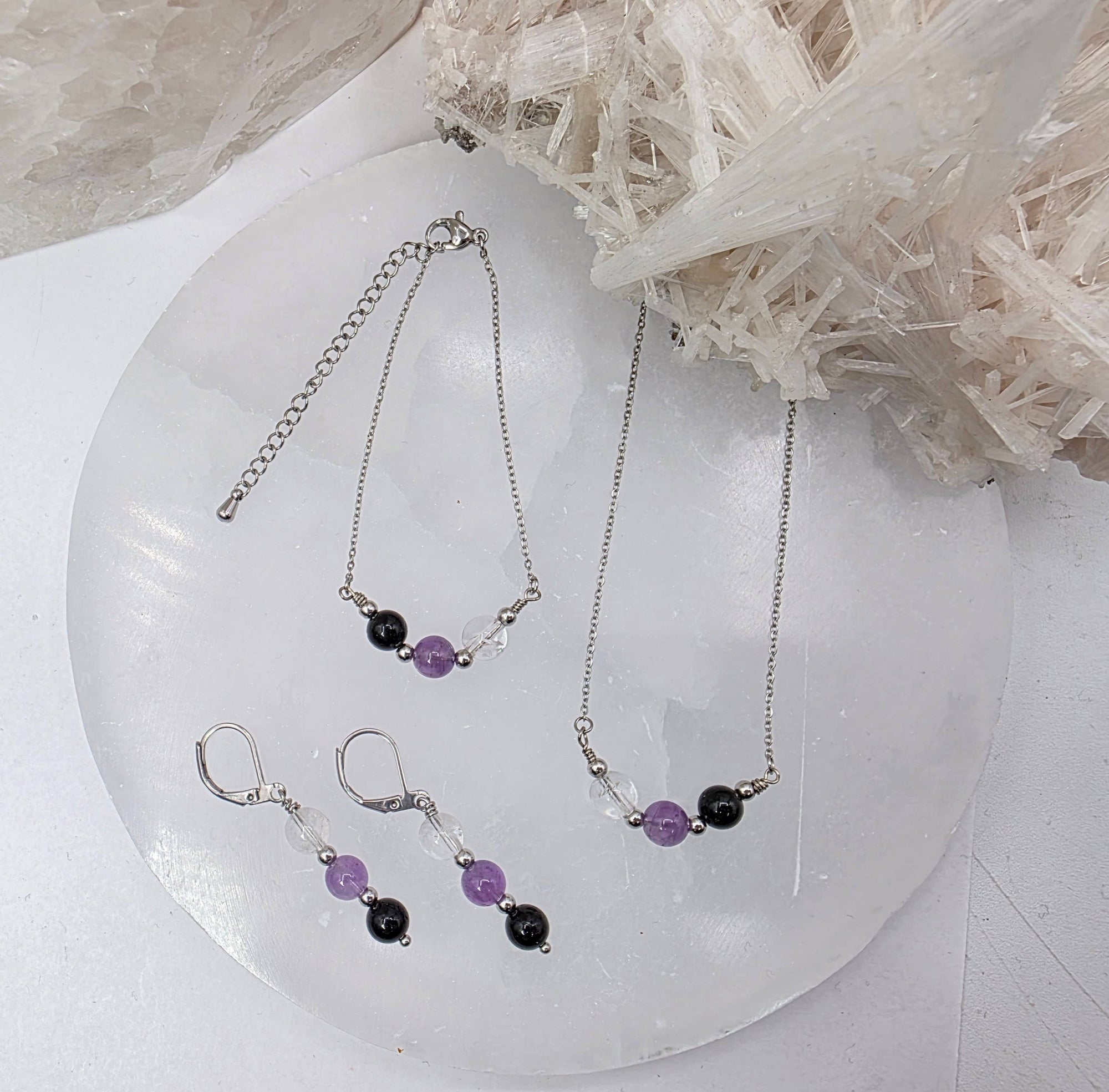 SACRED SPACE -Clear Quartz, Amethyst, Black Onyx Jewelry Set
