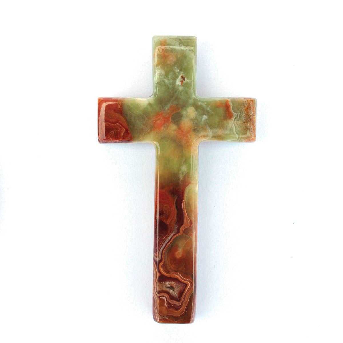 Hand-carved onyx stone cross with natural multicolor patterns, 4-inch spiritual altar decor
