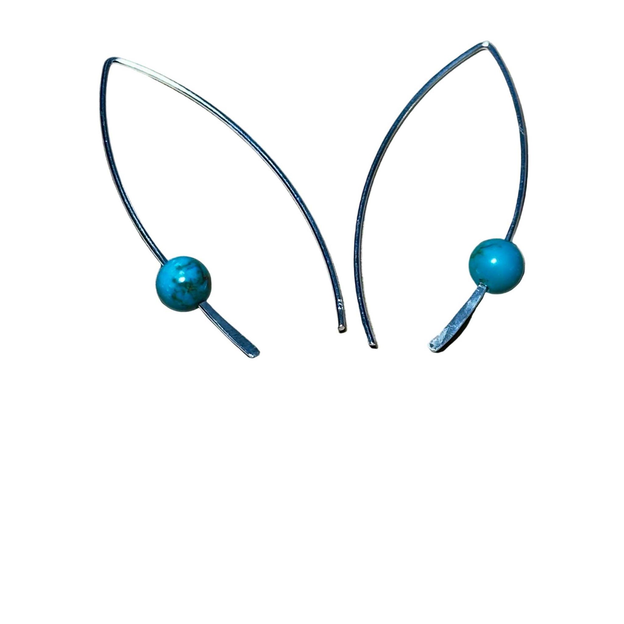 Pair of silver earrings with turquoise beads on a white background