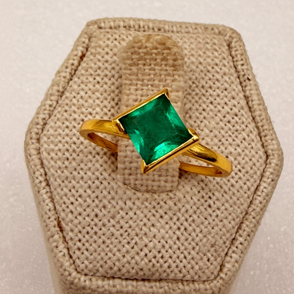 Gold Vermeil Emerald Square Solitaire Ring Size 9