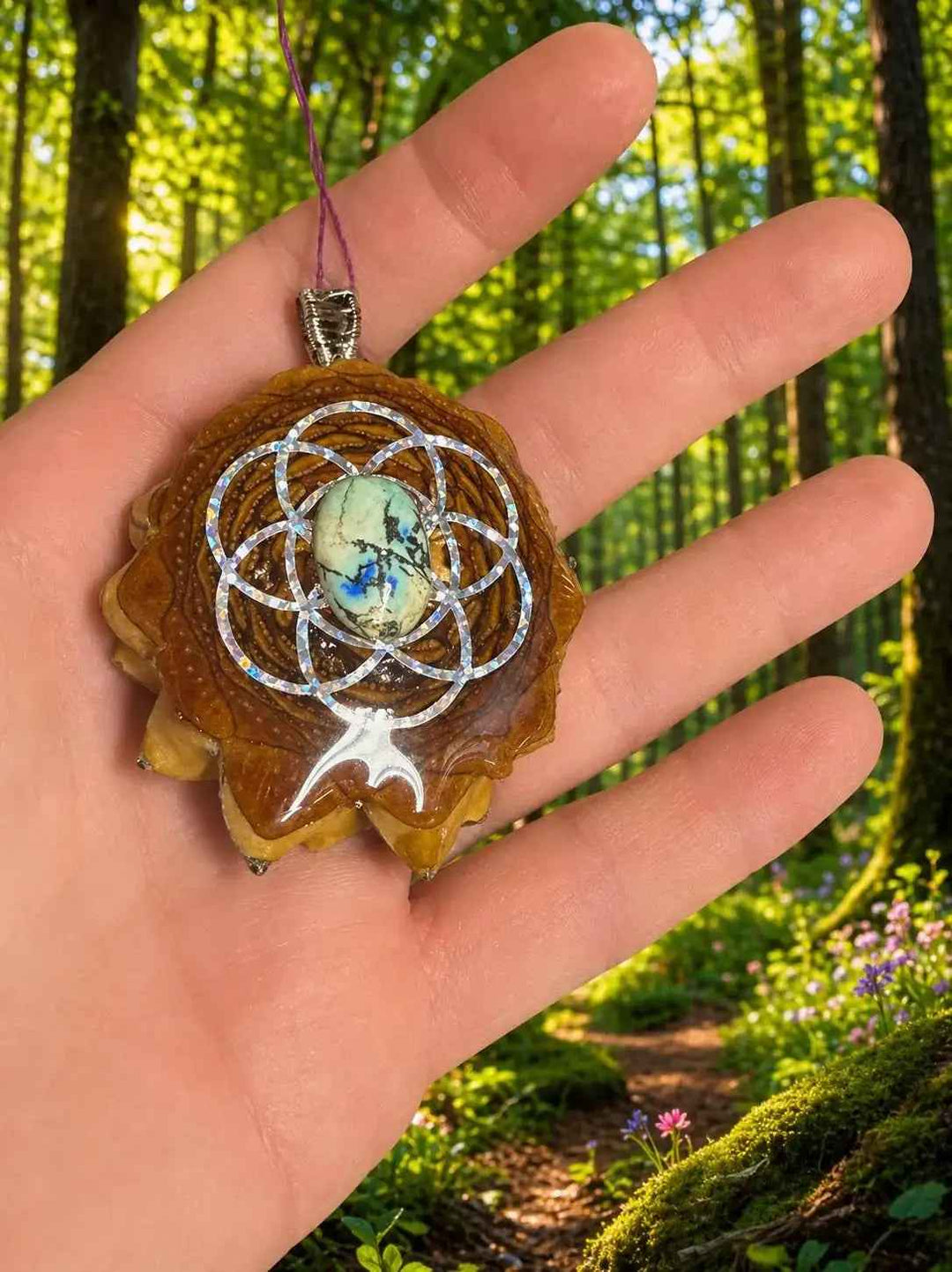 Azurite Turquoise &amp; Seed of Life Pinecone Pendant