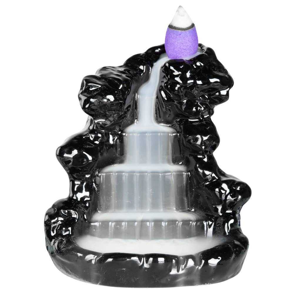 Mountain Waterfall Backflow Incense Burner with cascading smoke and black ceramic design