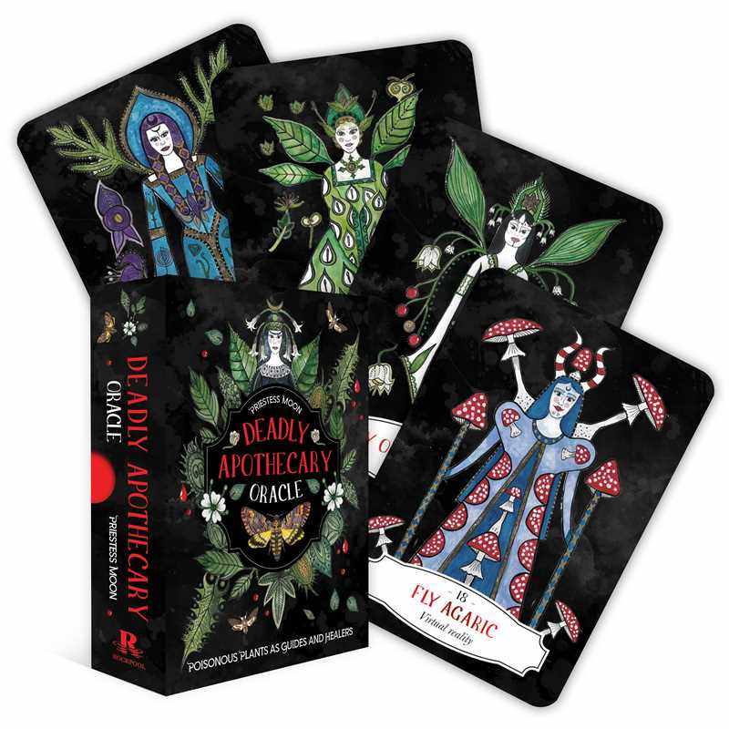 Deadly Apothecary Oracle Deck with mystical botanical illustrations of poisonous plants and priestesses of poison on black background cards