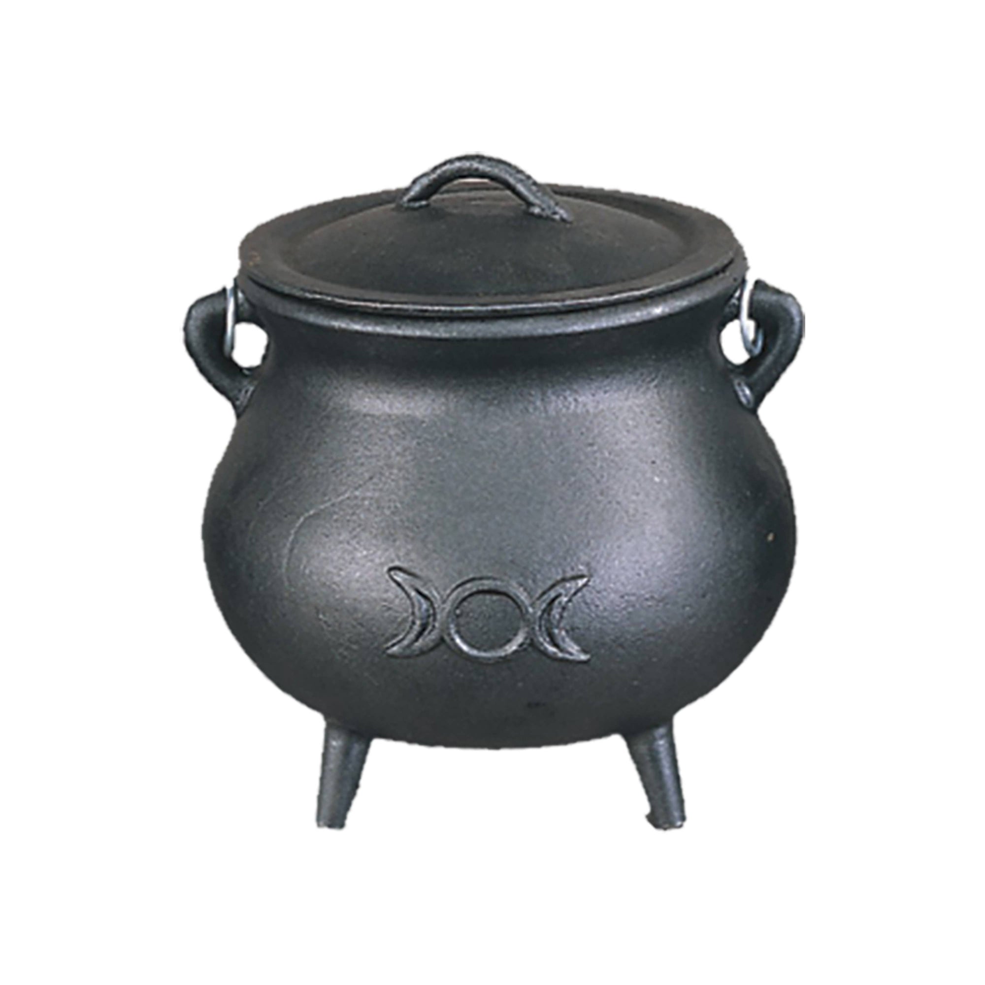 Triple Moon Cast Iron Cauldron with lid and handles, 7-inch, for incense and spells.