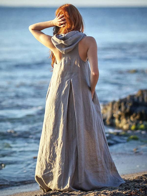 Original Simple Loose Gray Hooded Maxi Dress