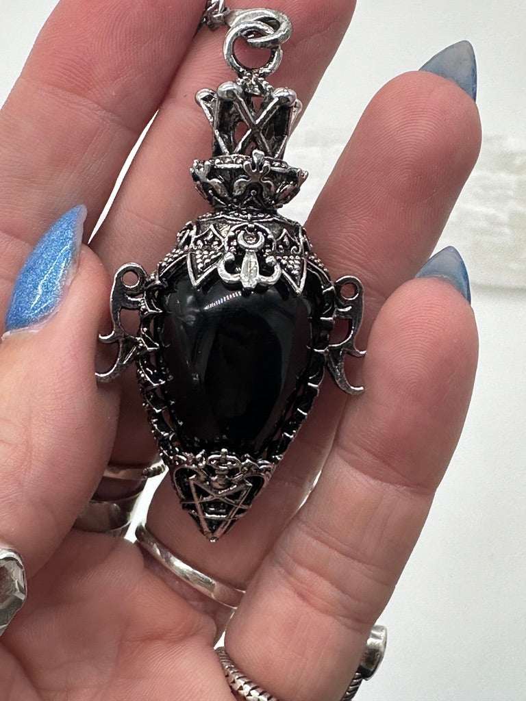 Ornate Obsidian Pendulum with Silver Filigree and Crown