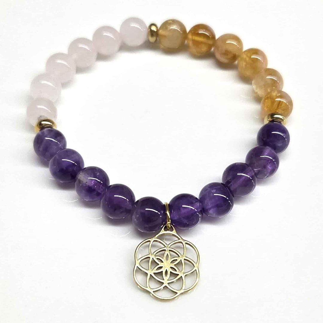 Amethyst Citrine Rose Quartz Round Bead Charm Bracelet