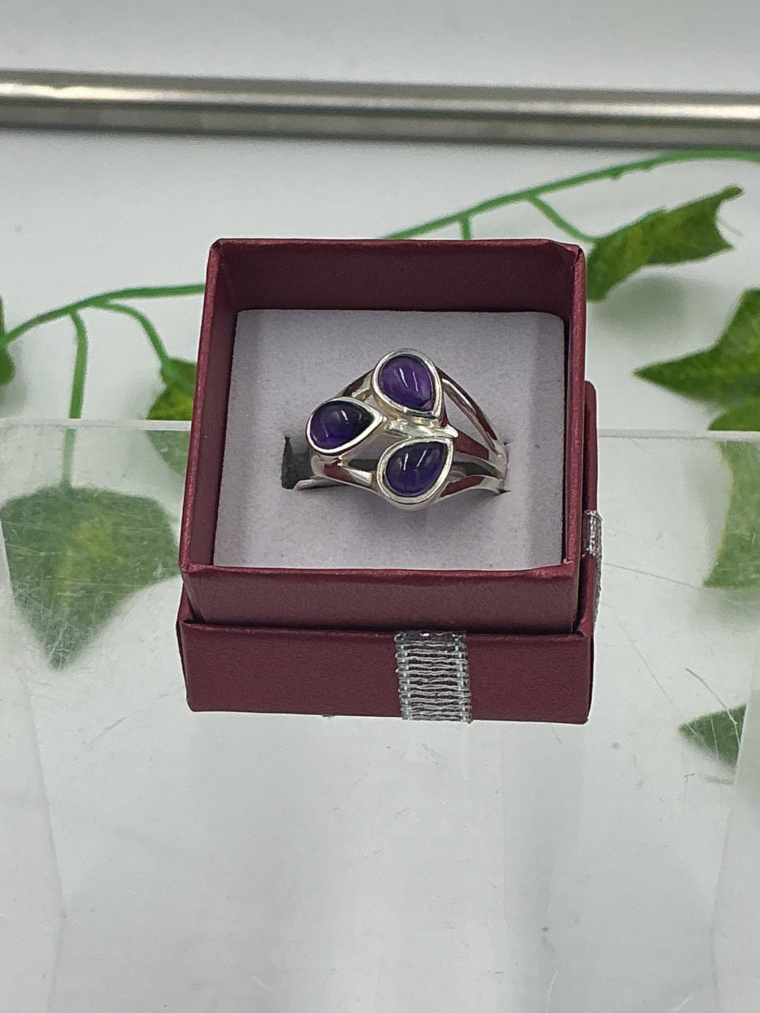 Sterling Silver Amethyst Three Stone Statement Ring - Size 9 from Sacred Crystals
