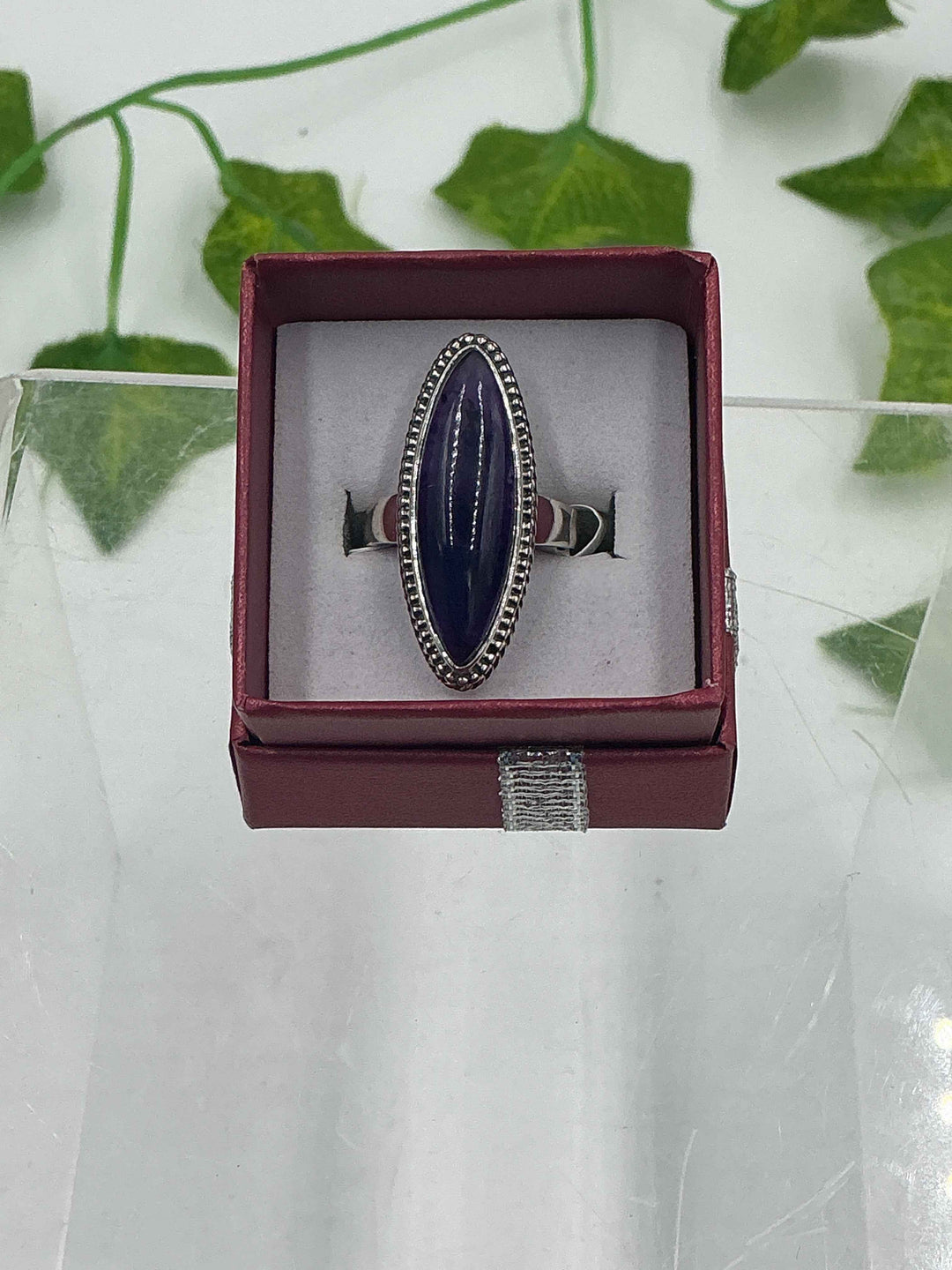 Sterling Silver Amethyst Long Oval Rope Bezel Ring - Size 6