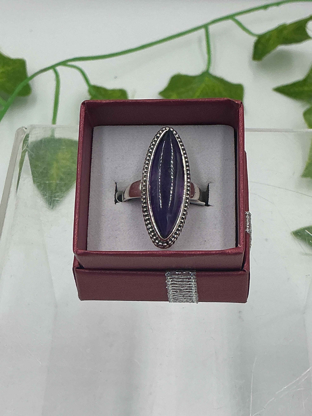 Sterling Silver Amethyst Long Oval Rope Bezel Ring - Size 8
