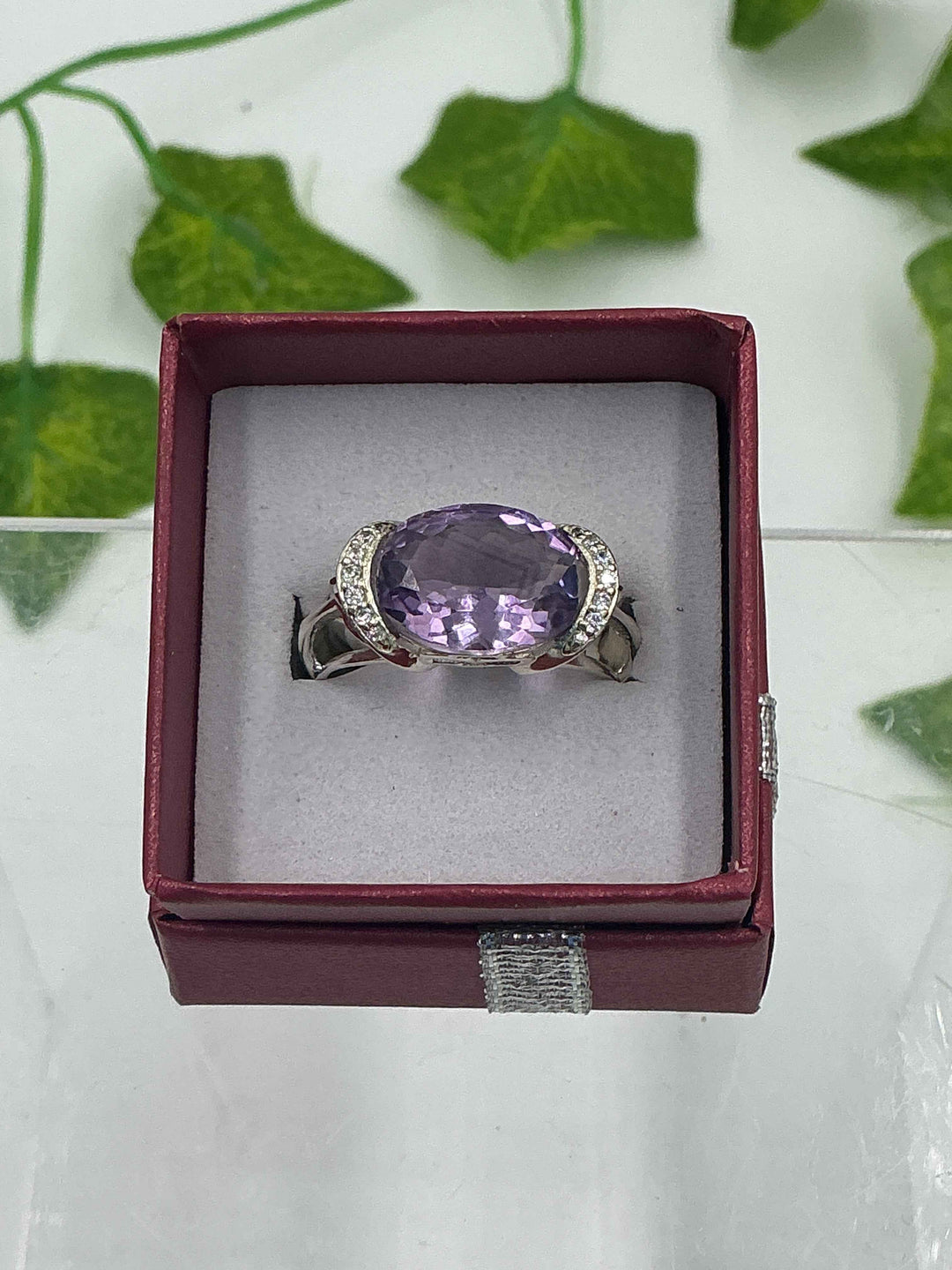 Sterling Silver Amethyst Oval Halo Ring - Size 8