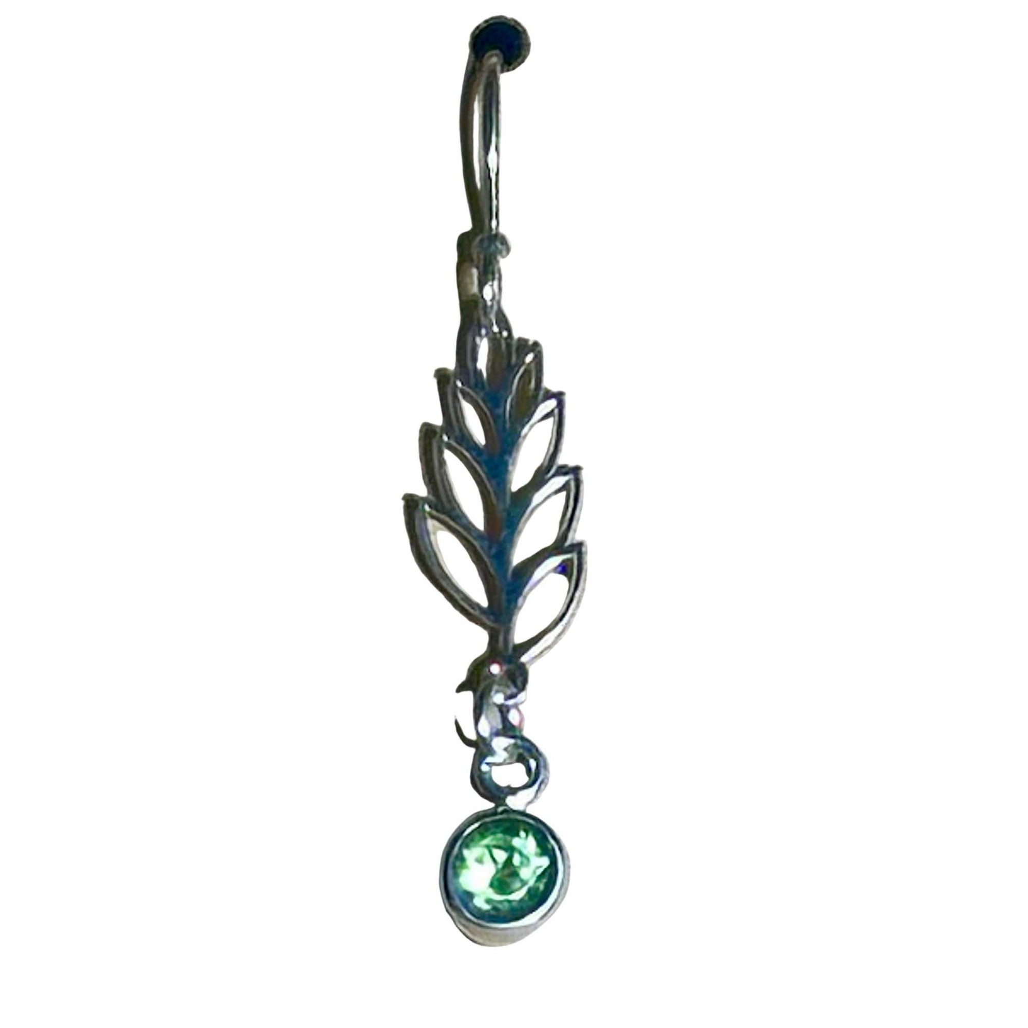 Silver leaf-shaped earring with a green Peridot gemstone on a white background