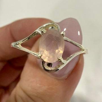 Rose Quartz Faceted Oval Open-Frame Ring – Sterling Silver – Size 13