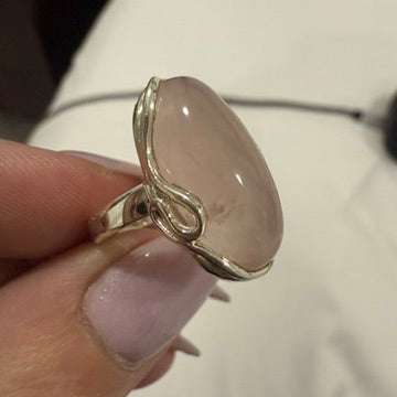 Rose Quartz Freeform Wrapped Ring – Sterling Silver – Size 5