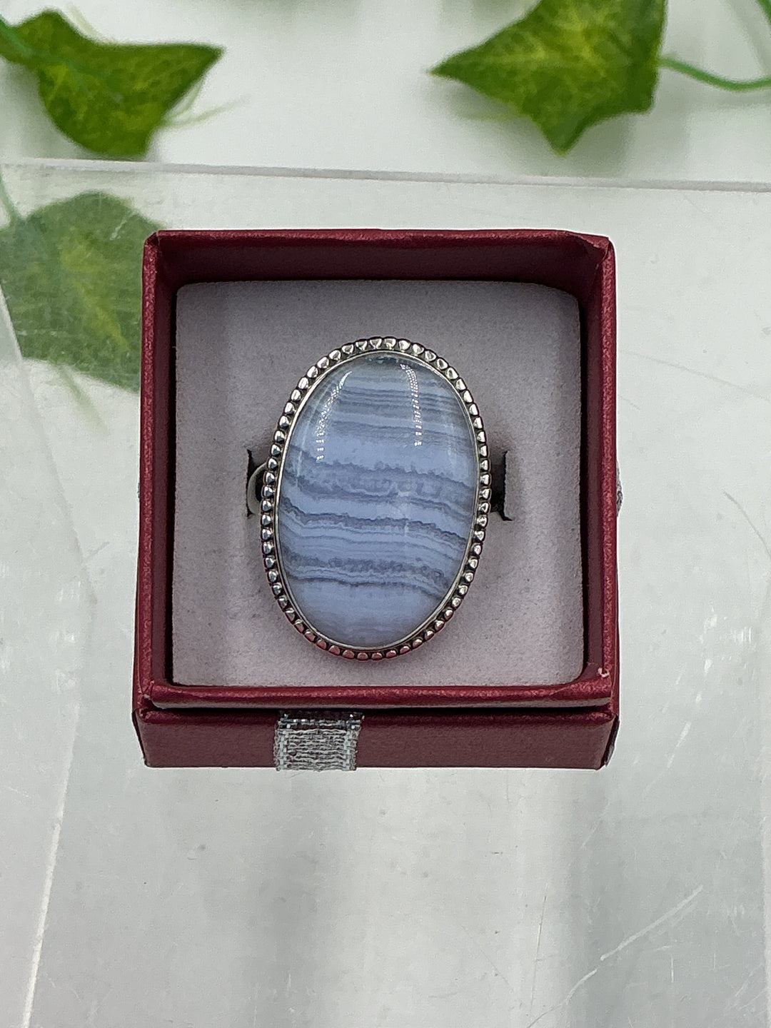 Blue Lace Agate Beaded Sterling Silver Ring – Natural Oval Cabochon | Size 6