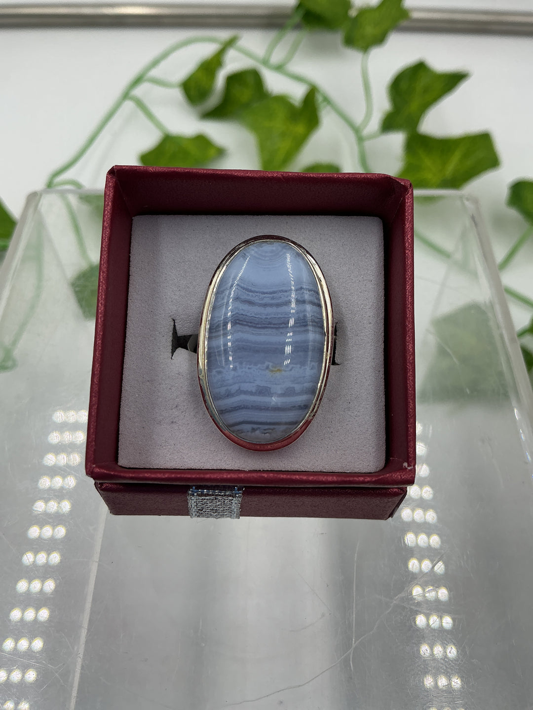 Blue Lace Agate Horizontal Oval Sterling Silver Ring – Natural Cabochon | Size 6
