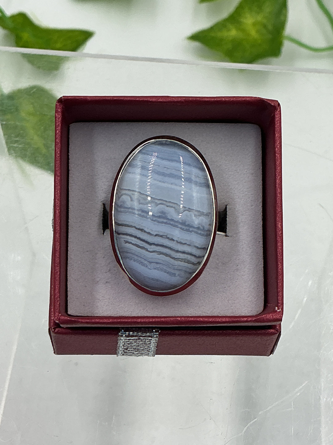 Blue Lace Agate Oval Sterling Silver Ring – Natural Cabochon | Size 7