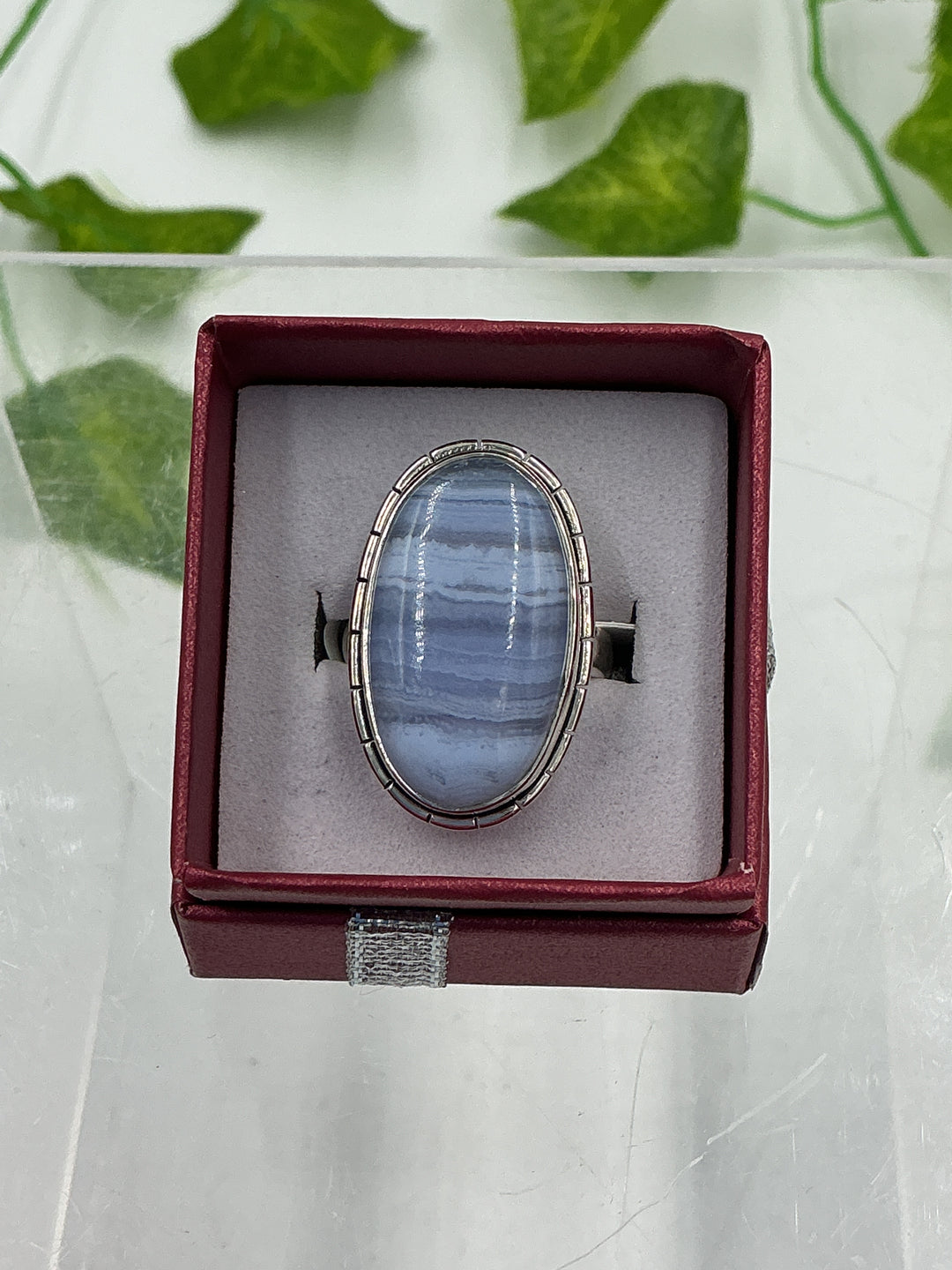 Blue Lace Agate Elongated Oval Sterling Silver Ring – Natural Cabochon | Size 7