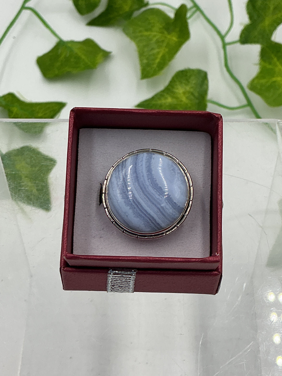 Blue Lace Agate Round Sterling Silver Ring – Natural Cabochon | Size 7