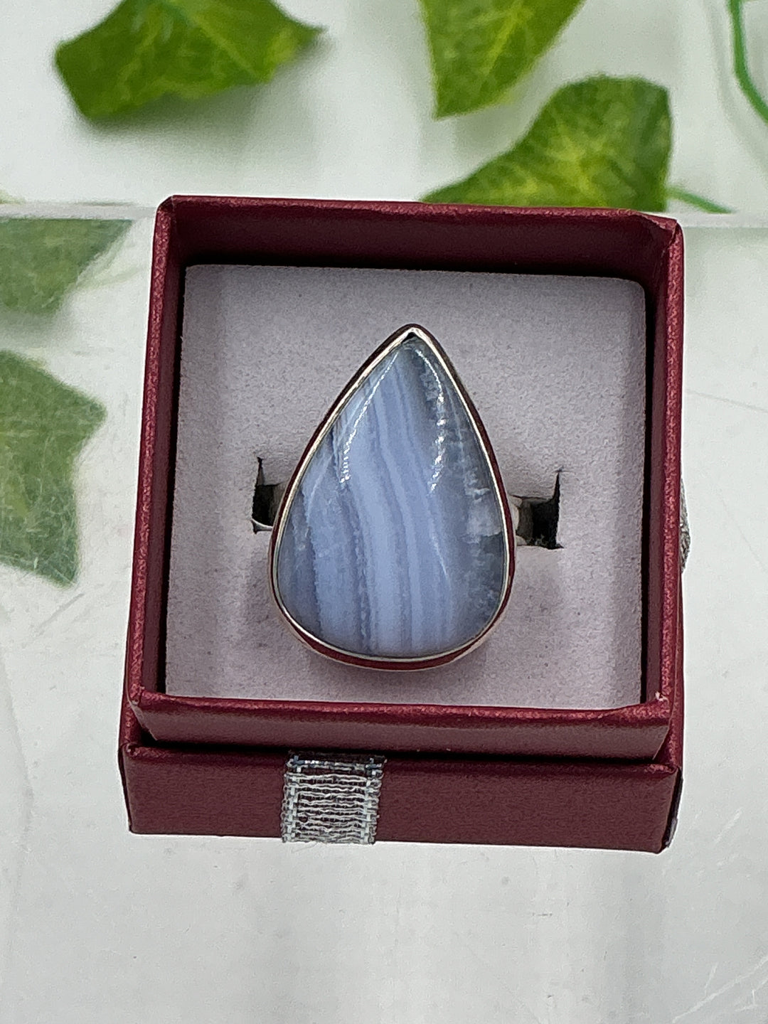 Blue Lace Agate Teardrop Sterling Silver Ring – Natural Gemstone | Size 8