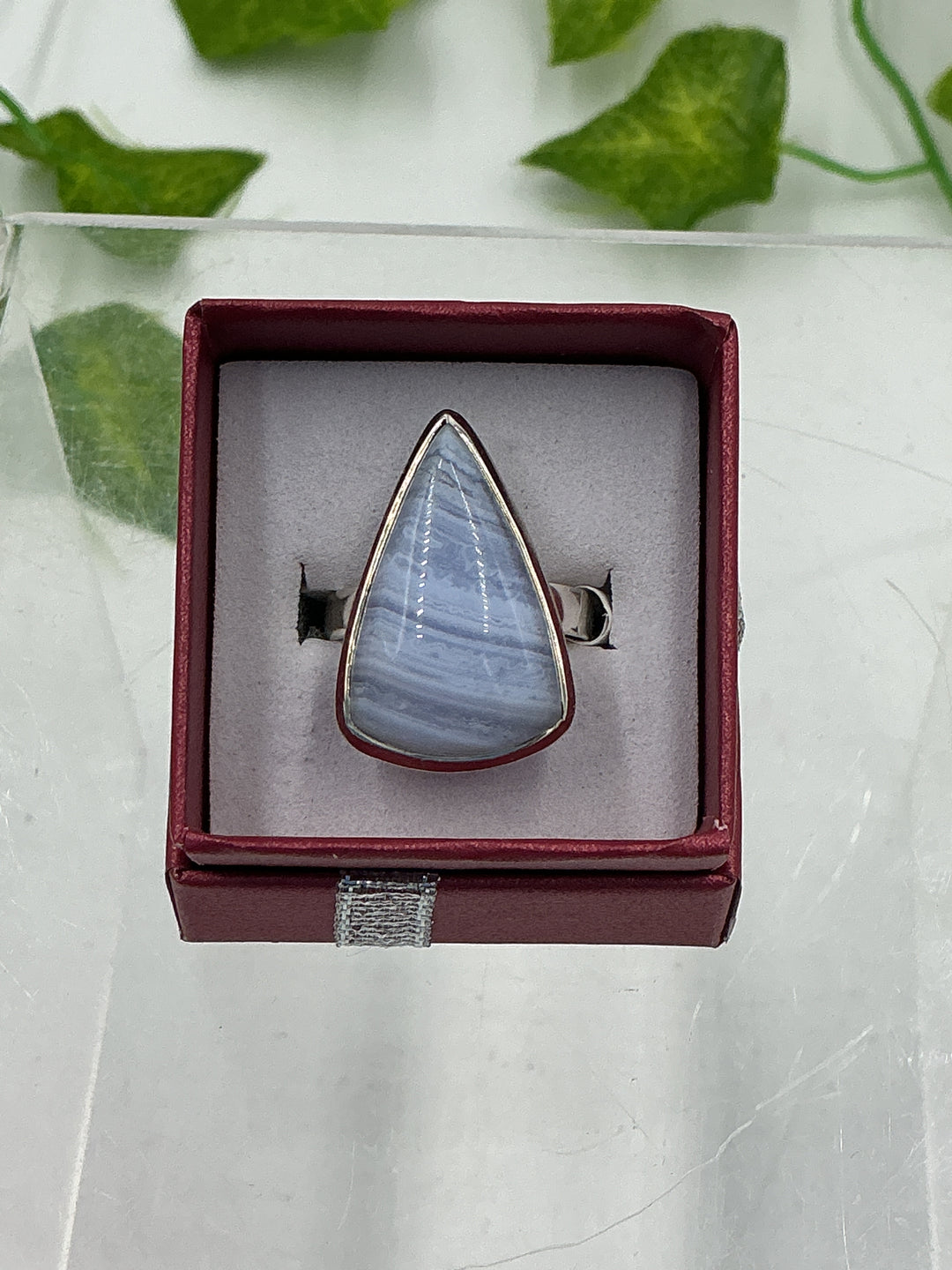 Blue Lace Agate Triangle Sterling Silver Ring – Natural Cabochon | Size 8