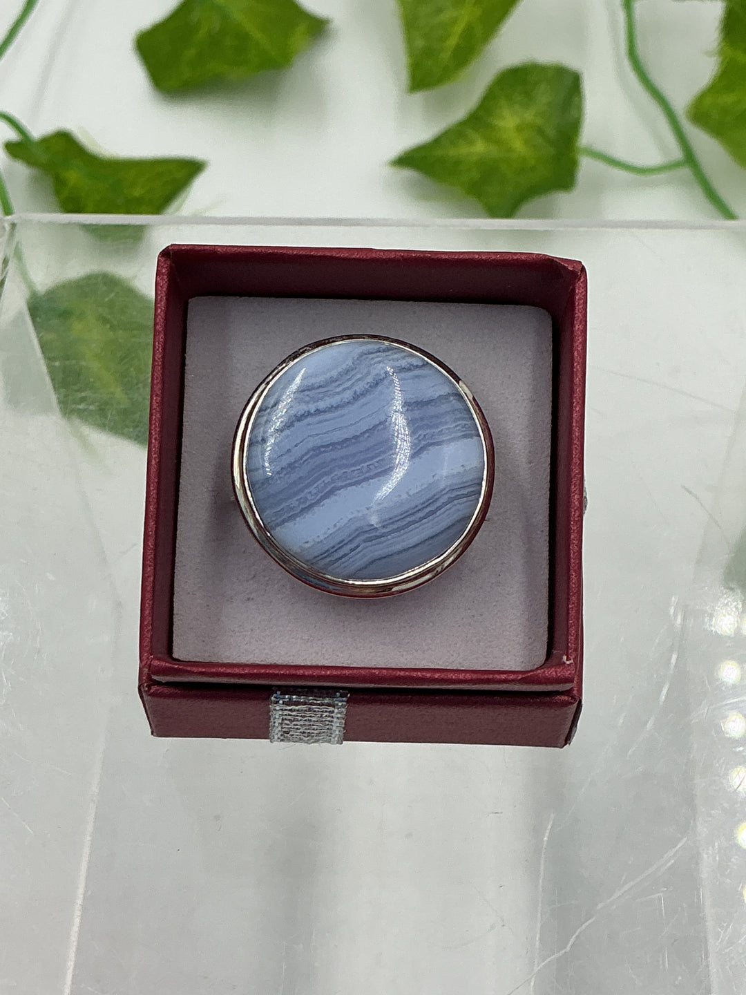 Blue Lace Agate Round Sterling Silver Ring – Natural Cabochon | Size 8